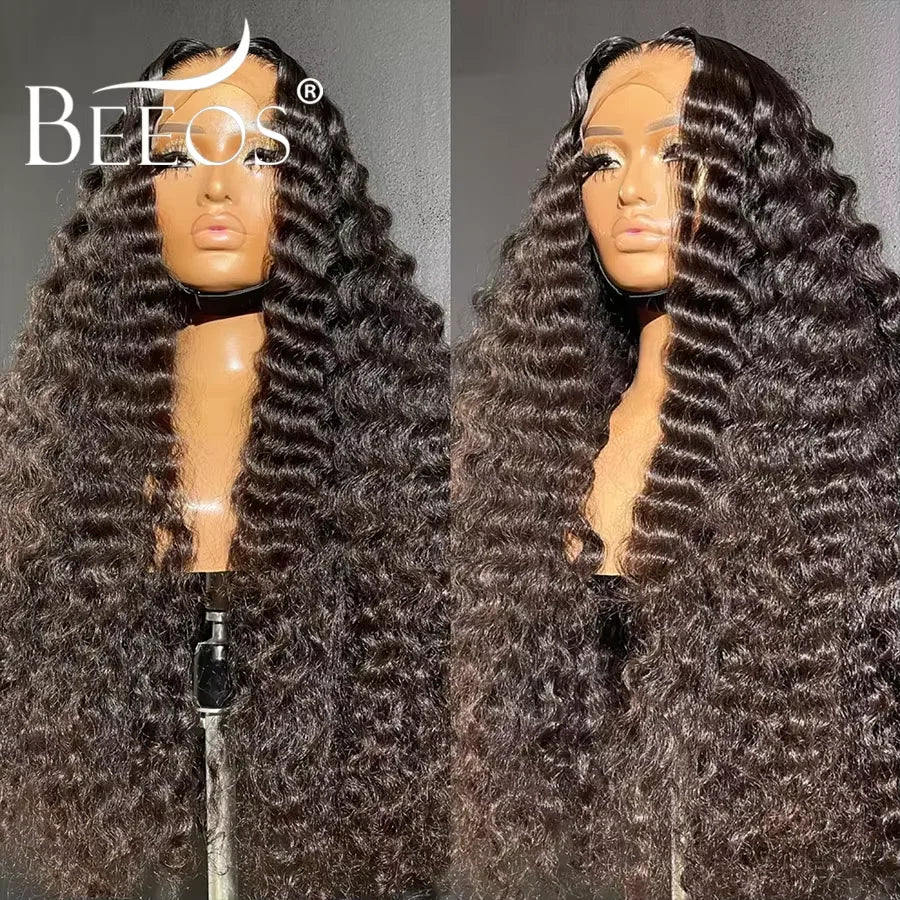 #1 Jet Black 13x6 HD Lace Frontal Human Hair Wigs Deep Wave Wigs Ultra Fitted Brazilian Virgin Hair Middle Part Bleached Knots