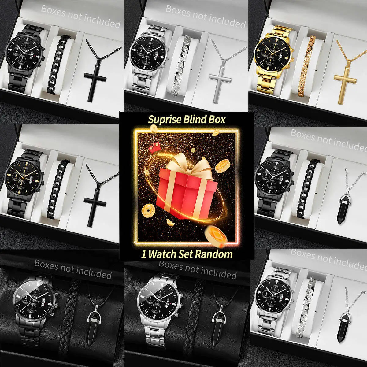 Surprise Mystery Watch Blind Box-3PCS/Set Fashion Men's Calendar Quartz Watches Jewelry Set Reloj Hombre(Without Box)