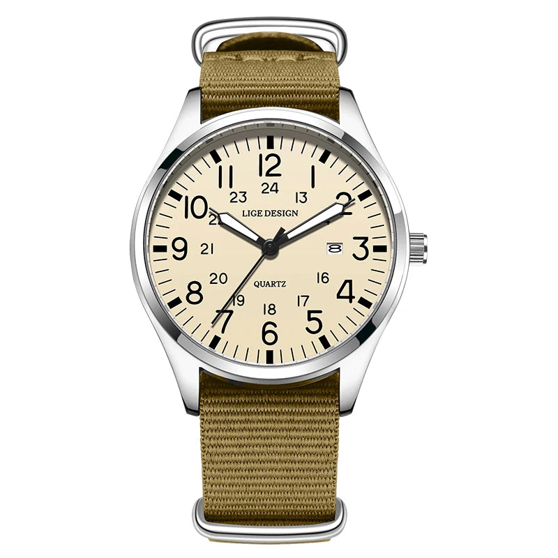LIGE 2025 TOP NEW quartz wristwatch Arabic Watch for Men Luminous Green Nylon Luxury Leather Wrist Men Watch Montre Homme+BOX