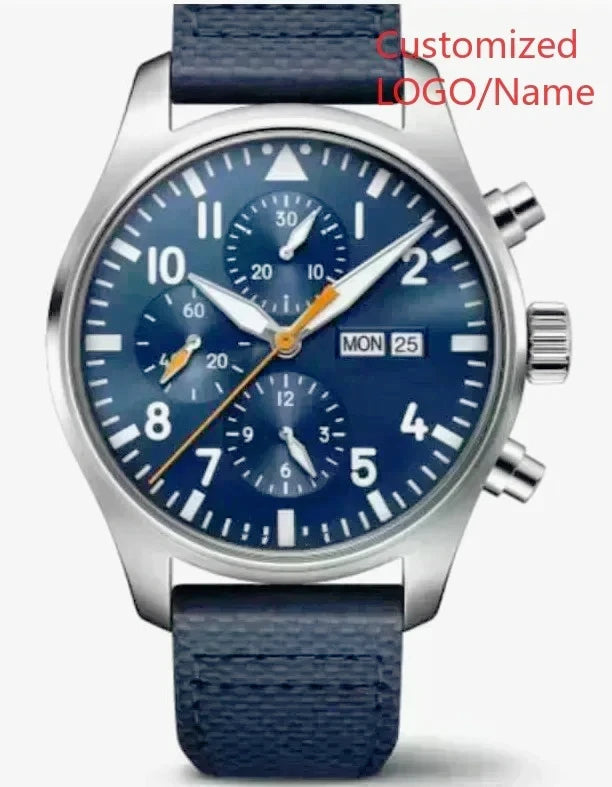 Fashion Sport Pilot Automatic Mechanical Watches High Quality Stainless Steel Case Elegant Black Blue Dial Vintage Brown Leather