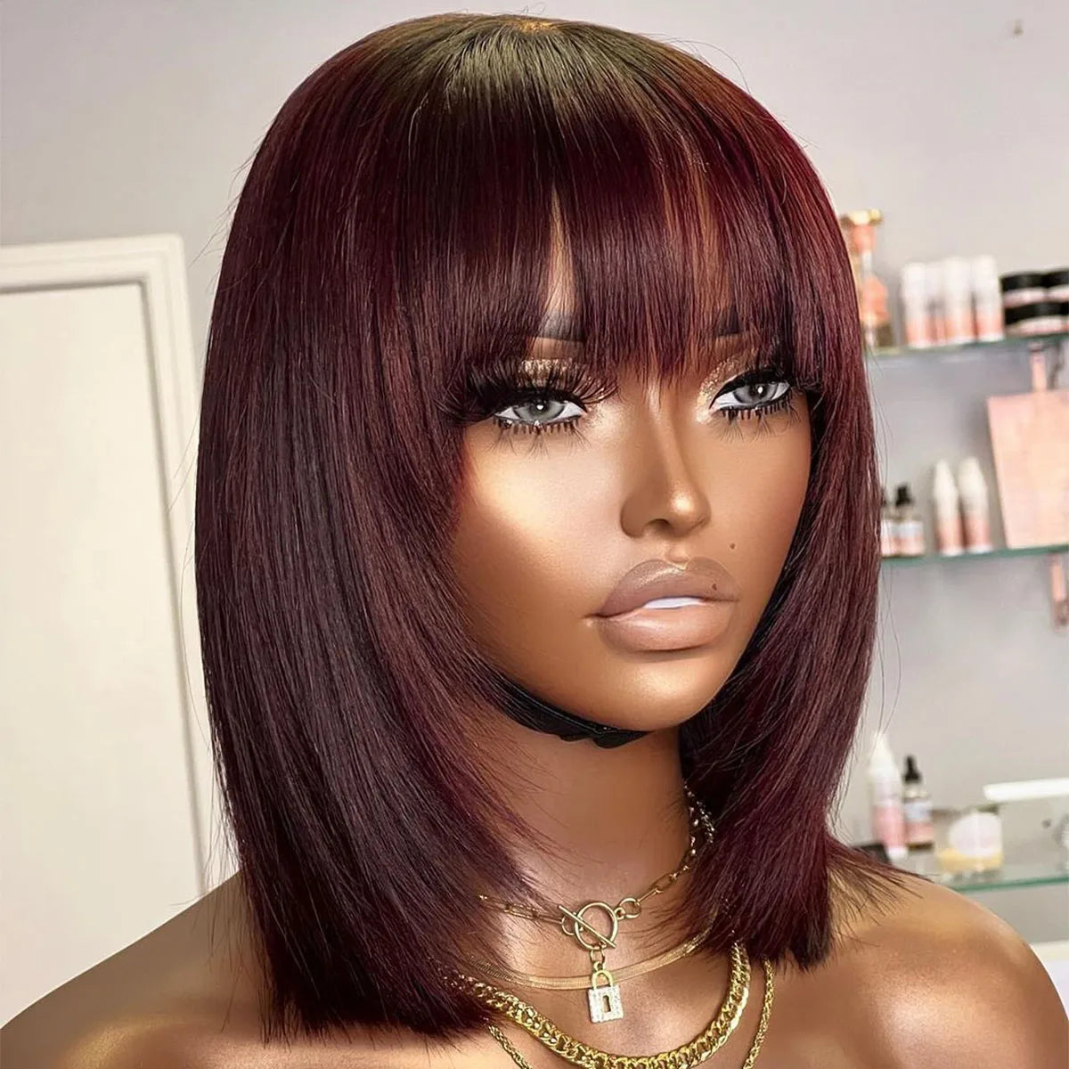 Short Bob Wig Layered with Bangs Straight Human Hair Bob with Bangs 400 Density Wig Human Hair Straight 99j Bob Wig For Women