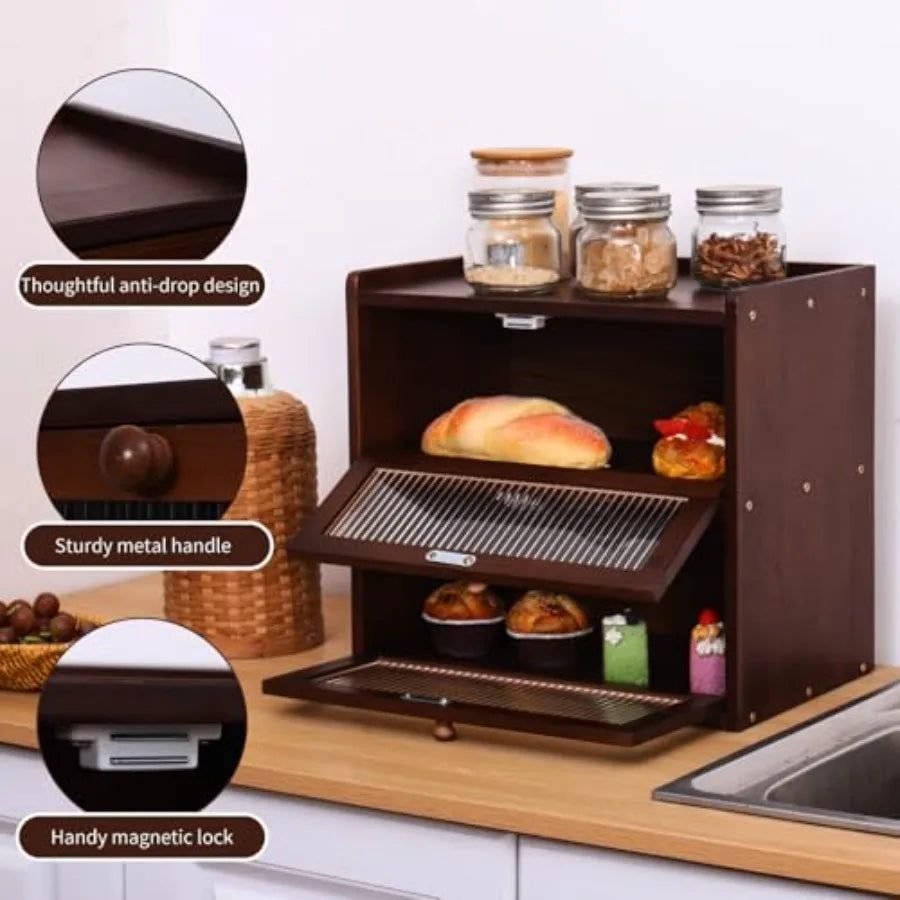 Double 2 Layer Large Bread Box for Kitchen Counter, Wooden Bread Storage Container Organizer Holder with Acrylic Window
