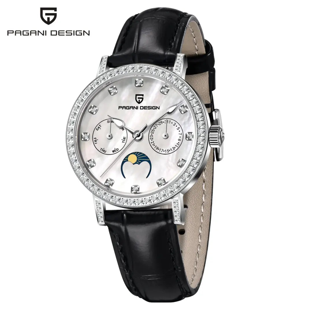 PAGANI DESIGN Women Quartz Watch Mop Dial Diamond Bezel Moon Phase Week Date Multi-function 50M Waterproof White Leather watch
