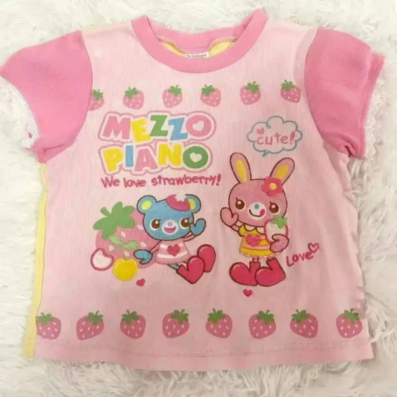 Girls Slim Subculture Two Piece Outfits Y2K Kawaii Japanese Printed Short Crop Tops Mini Skirts Vacation Vintage Casual Sets
