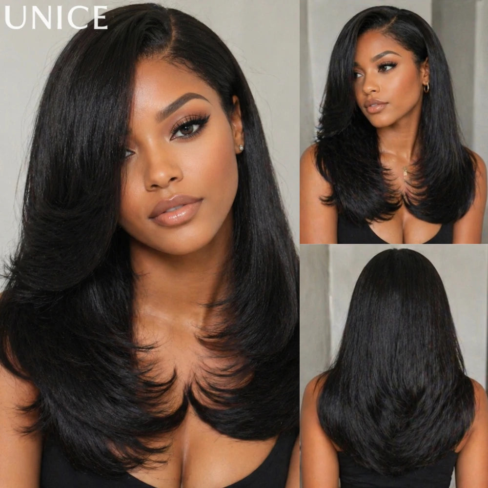 UNice Bye-Bye Knots™ 7x5 Lace Pre Layered Side Part Yaki Straight Wig Human Hair Glueless Wig Short Bob Wigs 150% Density