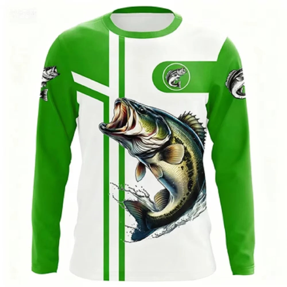 Fashionable Bass Pattern Crew Neck Long Sleeve T-Shirt Trendy Print Casual Top for Men and Women
