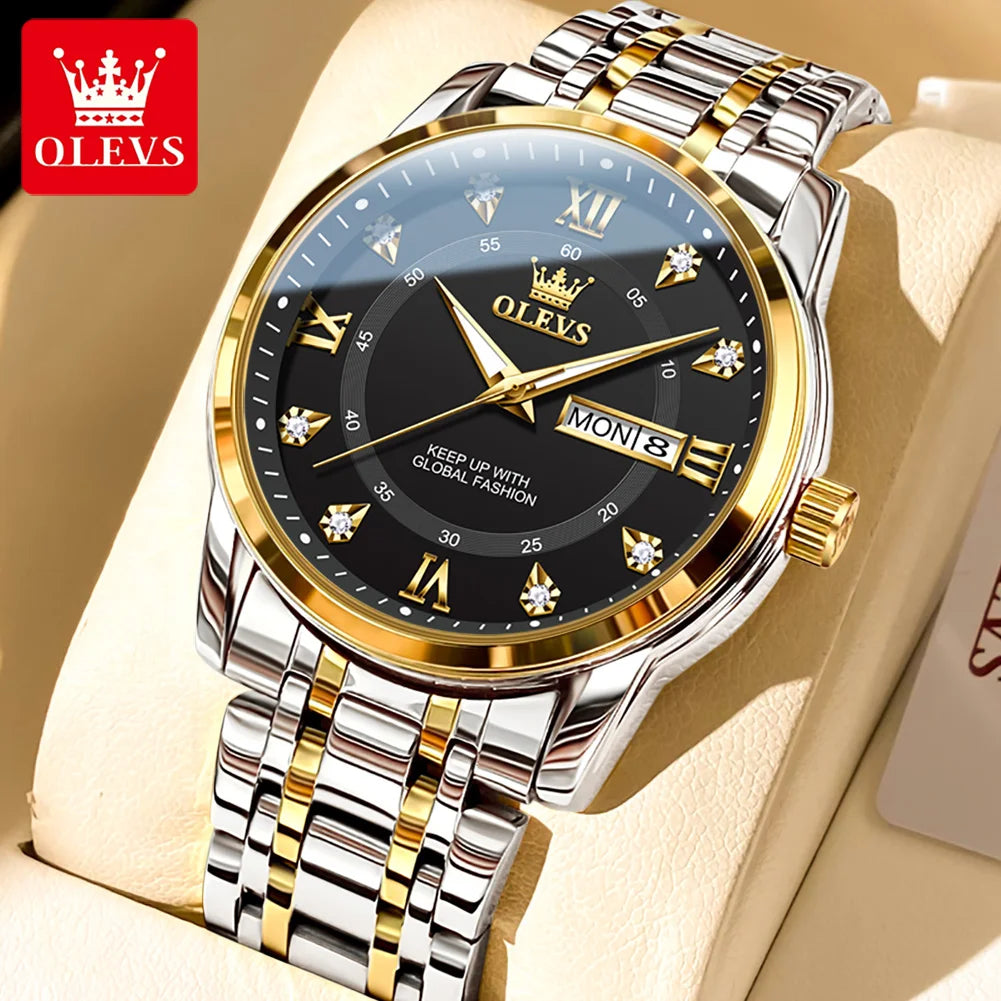 OLEVS Brand Fashion men's watches stainless steel waterproof Quartz wristwatch luminous Original watch for man Dual Calendar