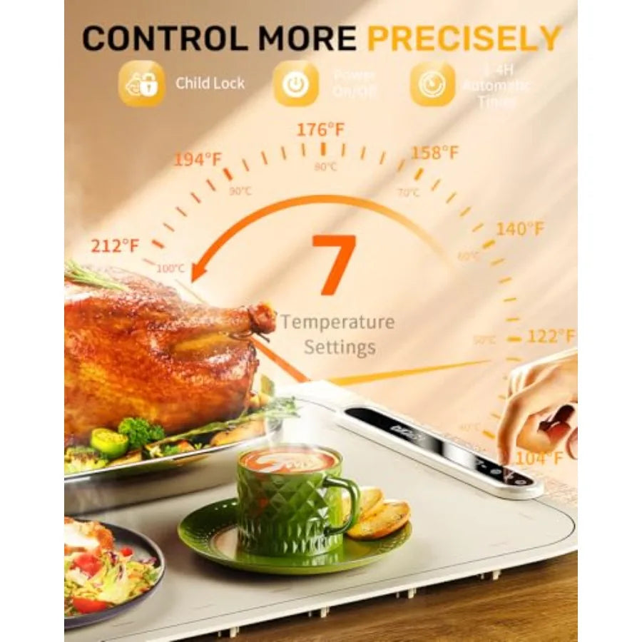 Warming Mat for Food, VEPOKA Food Warmer Mat for Countertop, Electric Warming Tray with 7 Temp Levels and Auto Shut-Off, Food W
