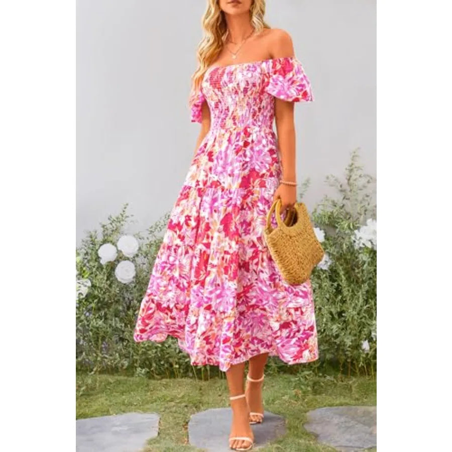 PRETTYGARDEN Women's Casual Summer Midi Dress Puffy Short Sleeve Square Neck Smocked Tie Ruffle Dresses