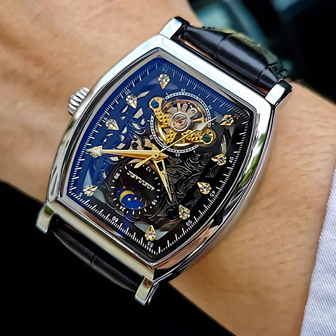 AOKULASIC Tourbillon Iced Out Skeleton Automatic Mechanical Watches for Men Luxury Moon Phase Casual Leather Strap Mens Watch
