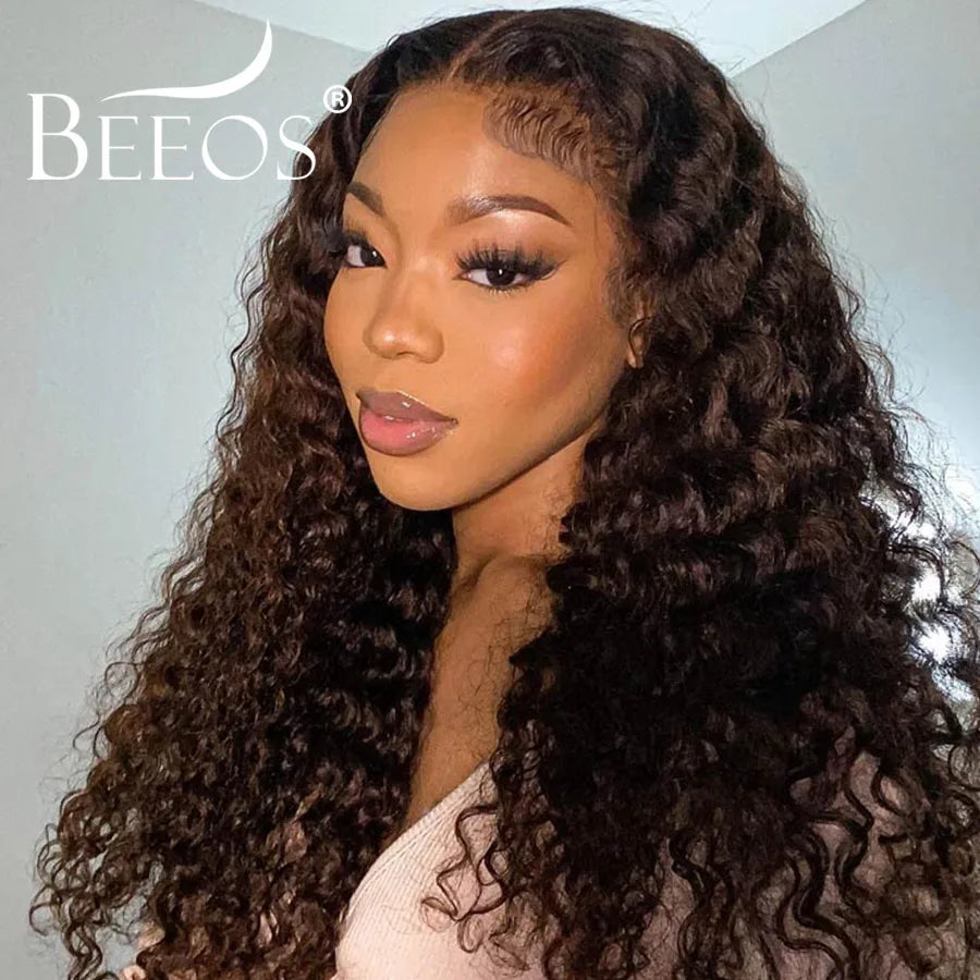 Ultra Fitted Dark Brown 13X6 HD Transparent Lace Full Frontal Wigs Human Hair Water Wave Colored Curly Wigs 100% Human Hair Remy