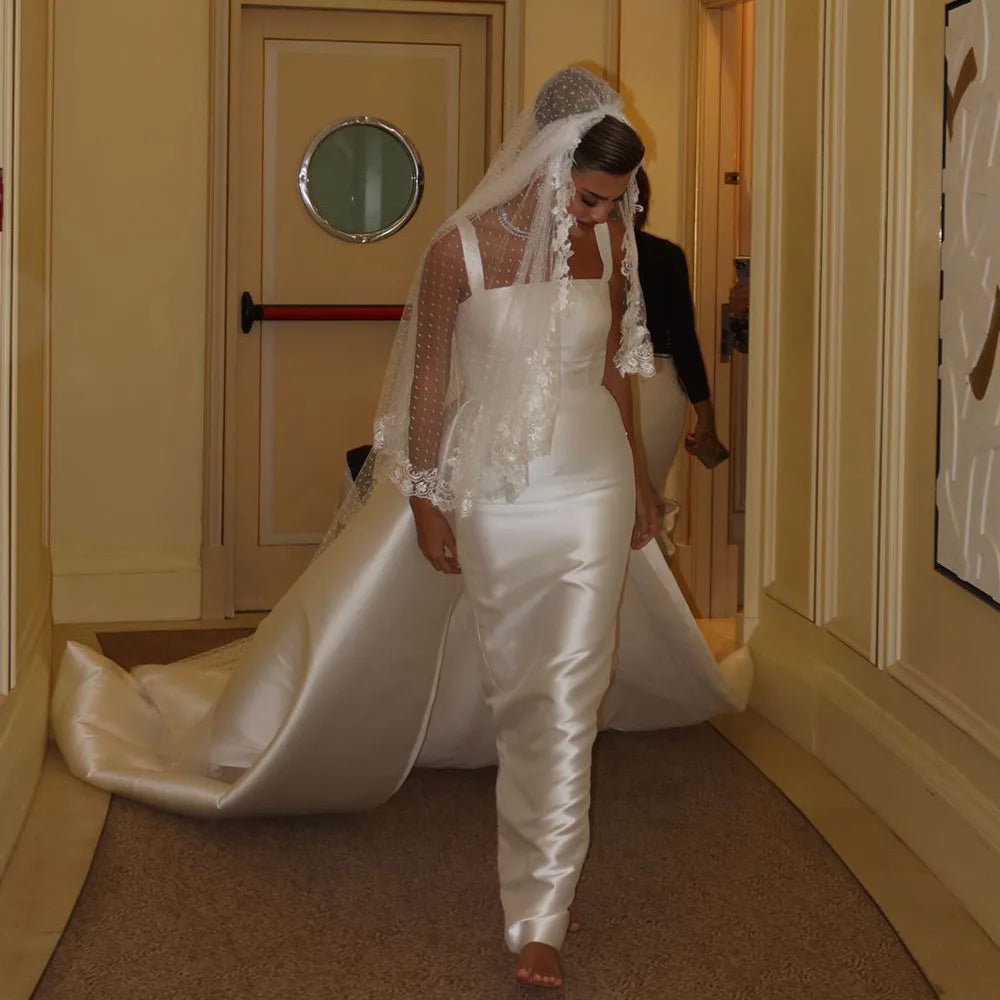 Customized Square Neck Straight Wedding Dresses White Satin Ankle Length Bride Dress with Detachable Train Church Robe De Mariag