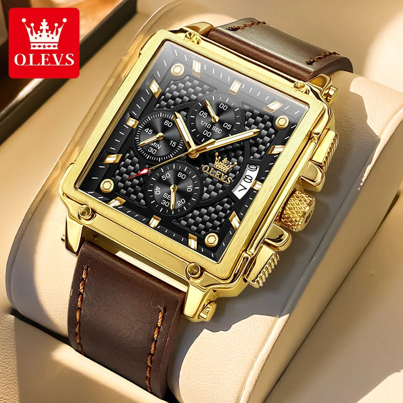 OLEVS brand mens watches waterproof Leather strap chronograph quartz watch for man date gold square dial genuine male wristwatch