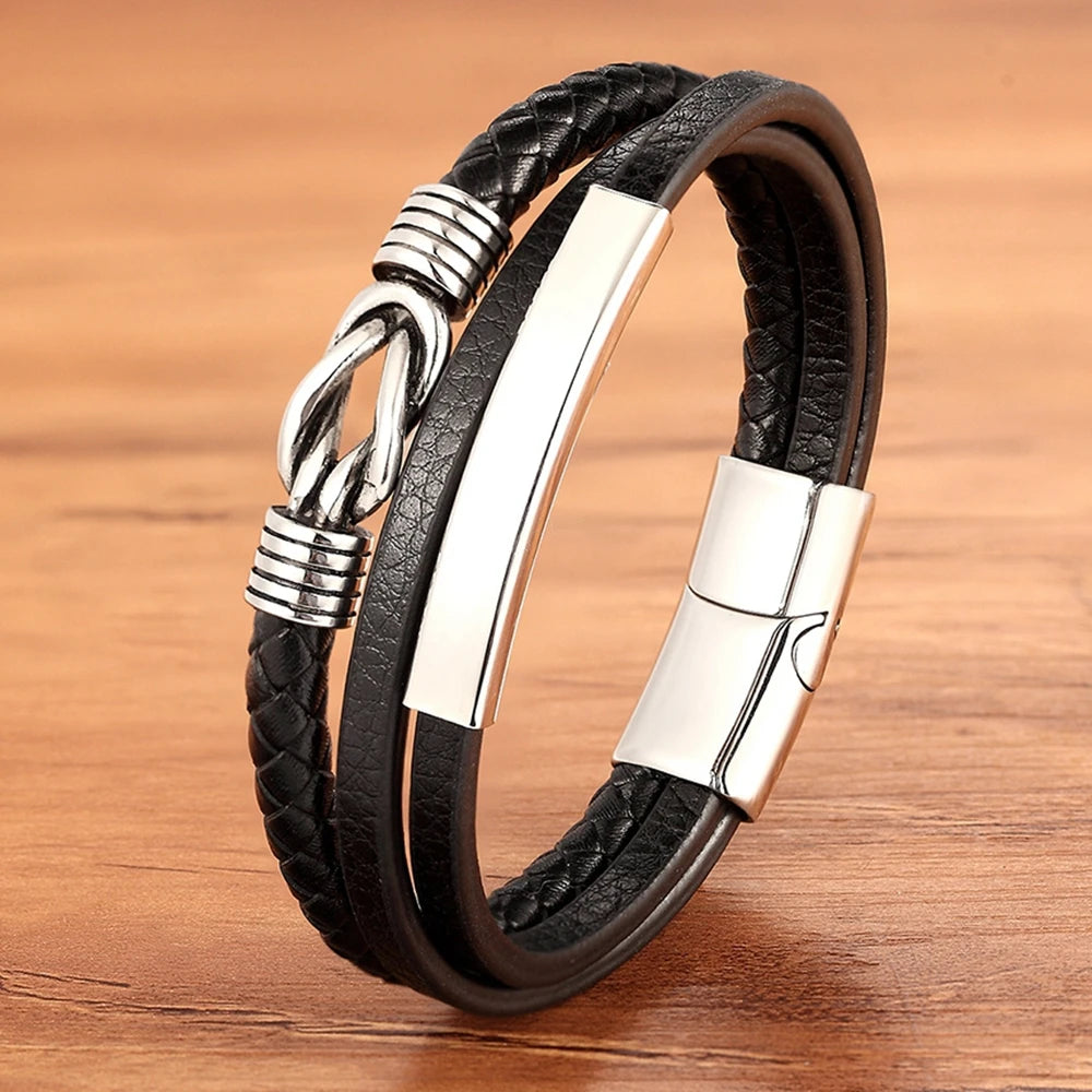 XQNI Luxury Vintage Multilayer Leather Men Bracelet Bead Bracelet Stainless Steel Charm Jewelry Male Wrist Bangle Birthday Gift