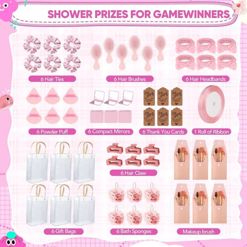 6Sets Shower Prizes For Winners Gifts Shower Favors Including Headband Hair Brush Compact Mirror Bath Sponges Powder Puff Hair Tie Claw Makeup Brushes Gift Bag Bridal Shower, Christmas Gift Set
