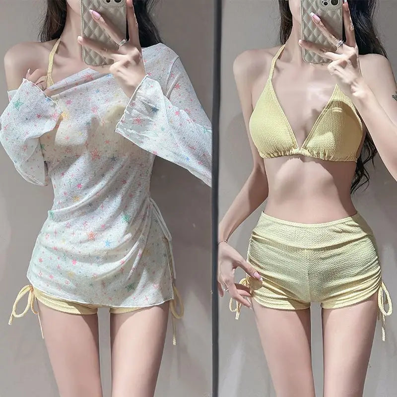2026 Summer Women's Long Sleeve Bikini Set Korean Fashion Sweet Girl Swimsuit Slimming Beach Bathing Suit with Mesh Cover Up