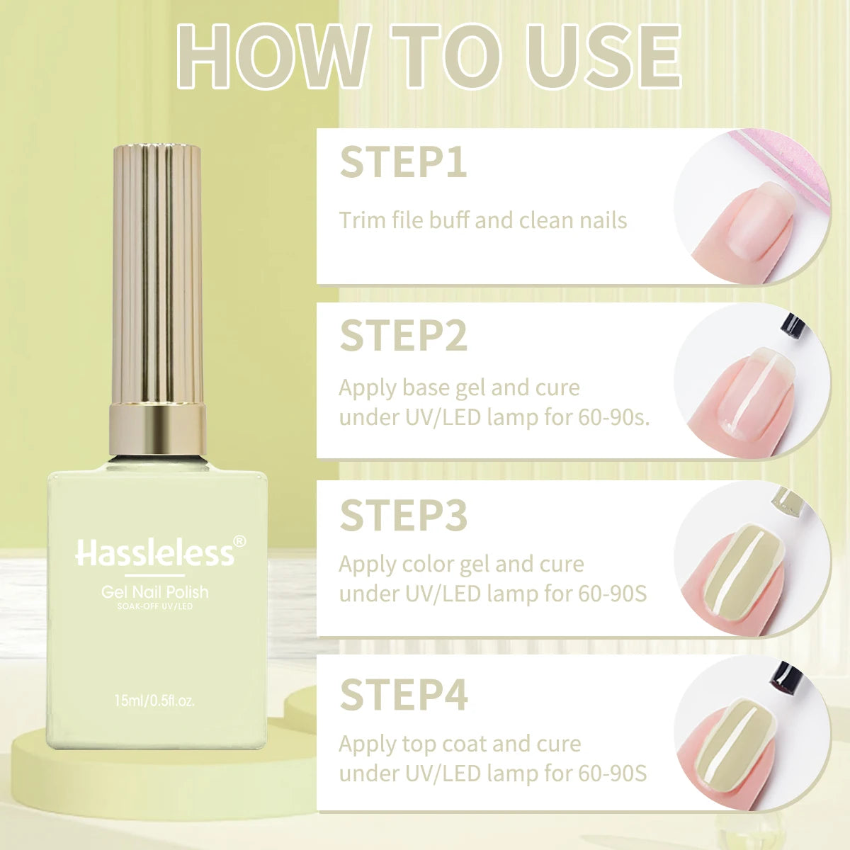 Hassleless 1 Bottle (15ml) Pale Yellow Solid-Color Nail Gel — Simple, Beginner-Friendly Soak-Off Gel Polish, Suitable for All Se