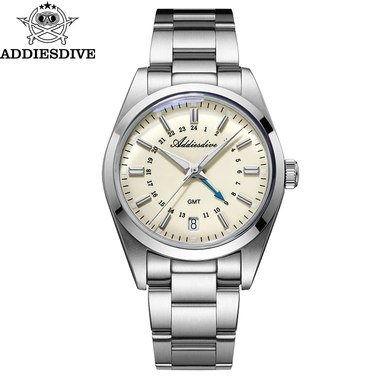 ADDIESDIVE Luxury Men's Analog Watch GMT Bubble Mirror Glass 36mm Quartz Watch Super Luminous 100m Business Steel Watch Men Gift
