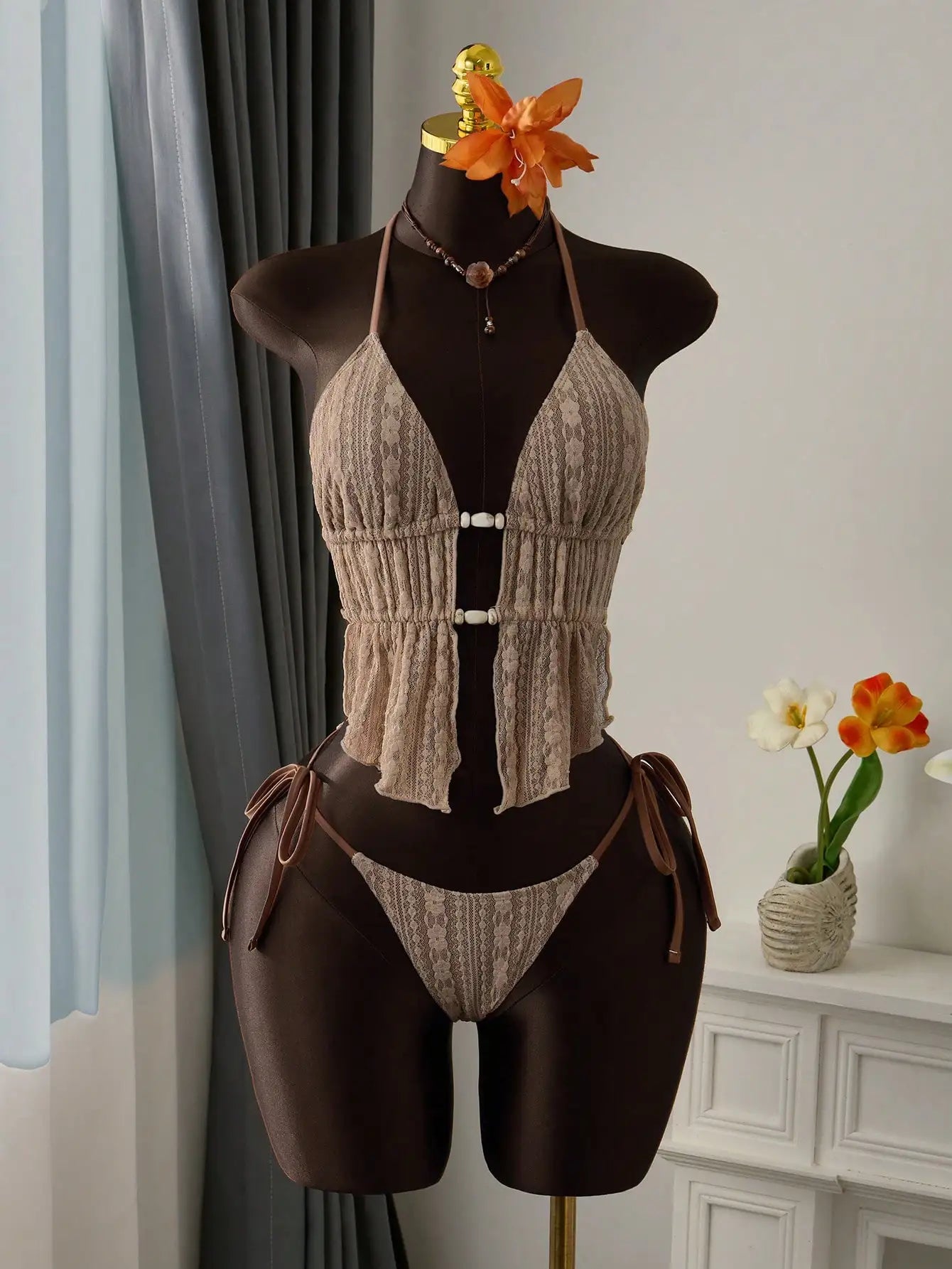 Cream Lace Halter Neck Tankini Set With Beaded Detail And Tie Side Bottoms