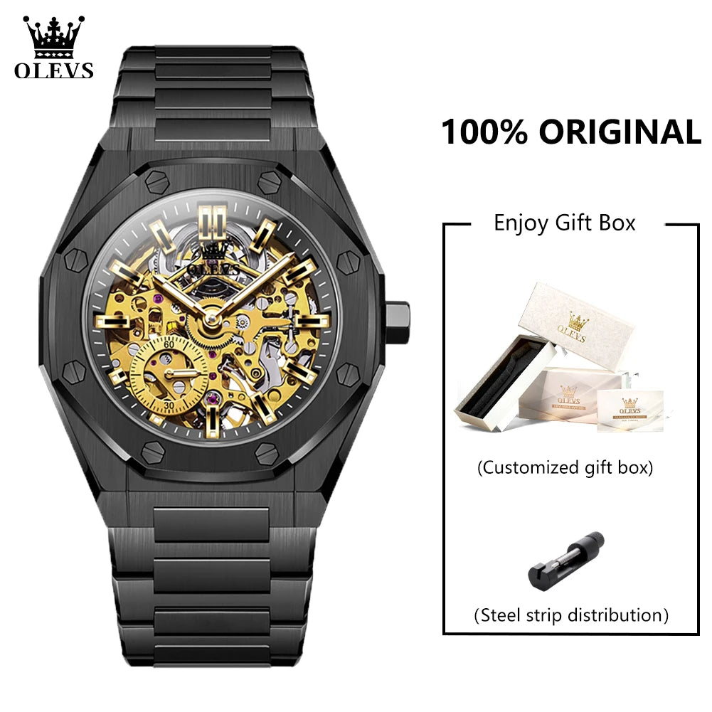 OLEVS 6669 Fully Hollow Men's Watch Octagonal Bezel Luxury Automatic Mechanical Watch Men's 30M Waterproof Man Wristwatches