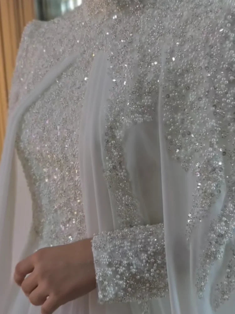 Muslim Long Sleeve Wedding Dress Elegant High Collar Beaded Chiffon A-line Bride Dress Arab Women's Wedding Dress Customized