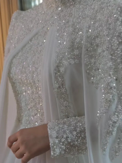 Muslim Long Sleeve Wedding Dress Elegant High Collar Beaded Chiffon A-line Bride Dress Arab Women's Wedding Dress Customized