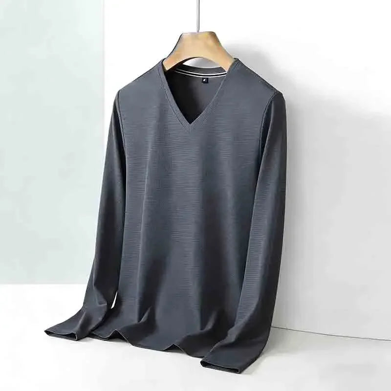 All-season Men's Light Gray V-neck Long Sleeve Knitwear Comfortable Casual Pullover for All Occasions