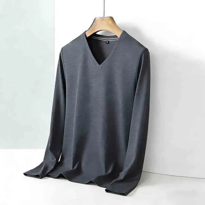 All-season Men's Light Gray V-neck Long Sleeve Knitwear Comfortable Casual Pullover for All Occasions
