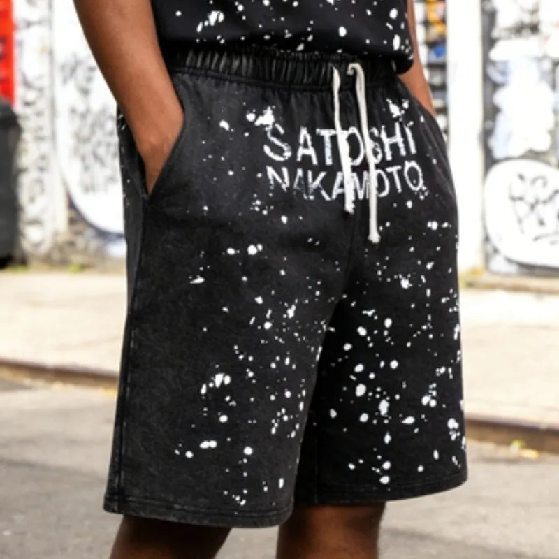 Handmade Ink Splashing Fading Letter Vintage Black SATOSHI Tshirts Hiphop Street Fake Two Piece Long Sleeve Men Women Shorts