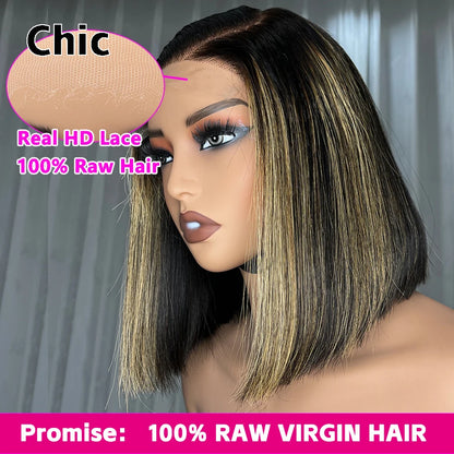200 Grams Glueless Bob Wigs 100% Raw Human Hair Pre Plucked P1b/27 5x5 HD Lace Closure Wigs Highlight Ombre HD Lace Front Wigs