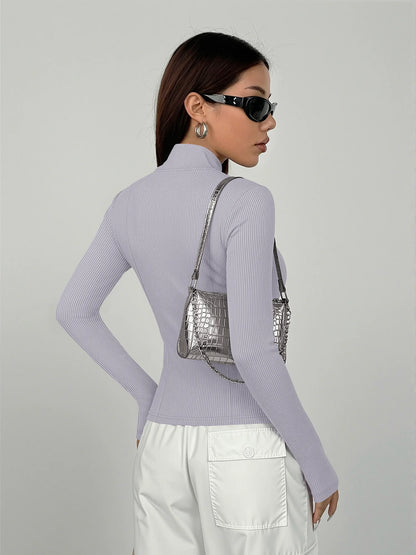 Everyday Ribbed High Neck Zip-Up Top, Slim Fit Long Sleeve Layer for Errands, Coffee Runs & Casual Meetups