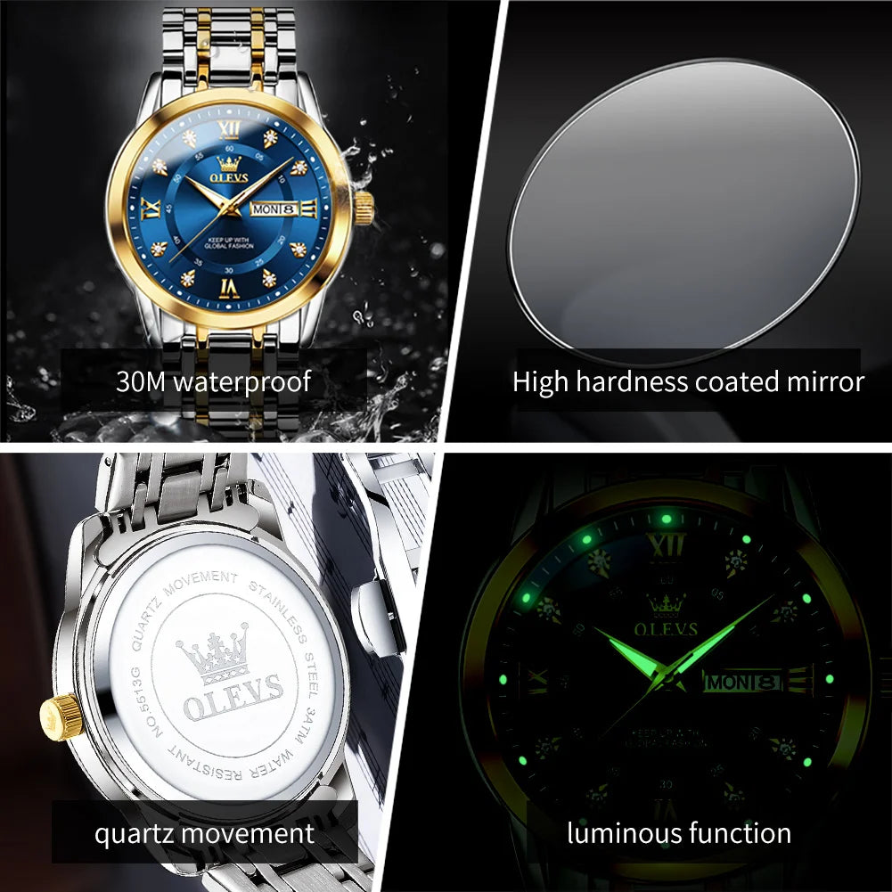 OLEVS Brand Fashion men's watches stainless steel waterproof Quartz wristwatch luminous Original watch for man Dual Calendar