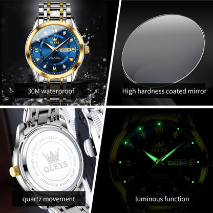 OLEVS Brand Fashion men's watches stainless steel waterproof Quartz wristwatch luminous Original watch for man Dual Calendar