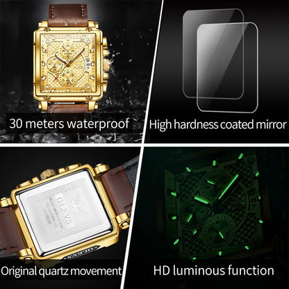 OLEVS brand mens watches waterproof Leather strap chronograph quartz watch for man date gold square dial genuine male wristwatch