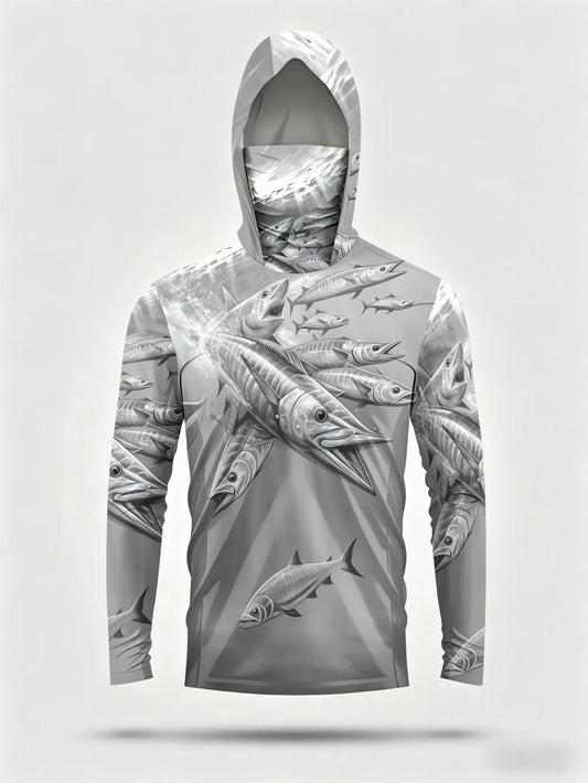 Men's summer fashion fish school print comfortable breathable hooded fishing suit long sleeved T-shirt outdoor casual top