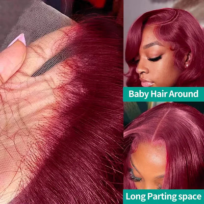 99J Dark Burgundy Colored Body Wave With Bangs Human Hair Wig 13x6 Lace Frontal Wig 13X6 Red Lace Front Human Hair Wigs 13X4 Burgundy 99J Lace Front Wigs Pre Plucked Black Women