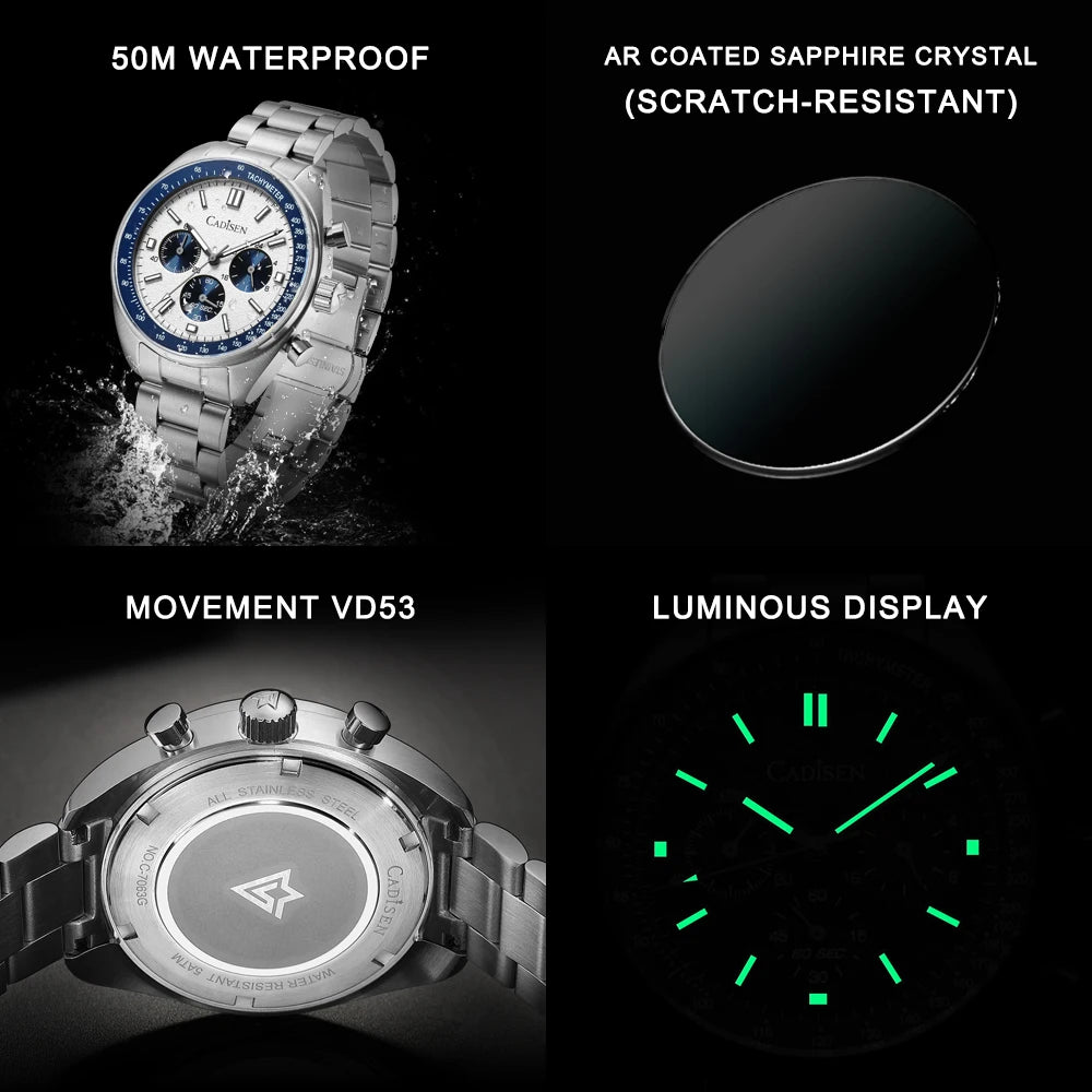 CADISEN 2026 New Men Watches Quartz Business Watches Japan VD53 Mens Clock Watch Men Chronograph Watch for Men Gift With Box