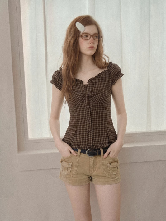 Caramel Plaid Bubble Sleeve Short Sleeve Shirt Women's Summer Slim Fit Waist Cinched One Shoulder Shirt Small Top Korean Style