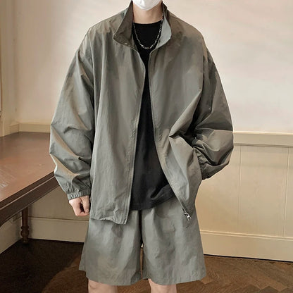 Men's Outdoor Summer Hiphop Sports Suit Casual Loose Sun Protection Thin Zipper Jacket with High Street Shorts Two-Piece Set