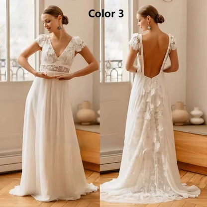 2025 New V-neck Embroidered Chiffon Wedding Dress Colored Decal Dew Back A-line Bridal Dress Customization