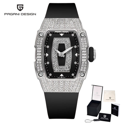 PAGANI DESIGN Top Luxury Diamond encrusted Women's Watch Fashion RubberWaterproof LuminousWine Bucket Case Women'sWatch+Gift Box