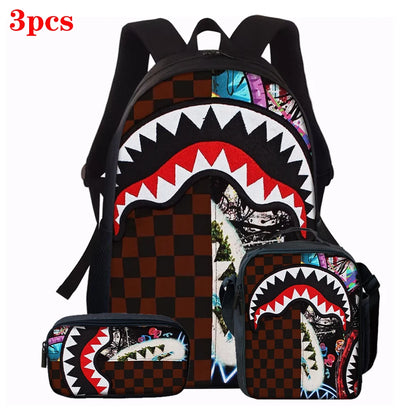 1/2/3/4/5PCS Trendy Shark Graphic Backpack Set | Perfect for School & Daily Adventures