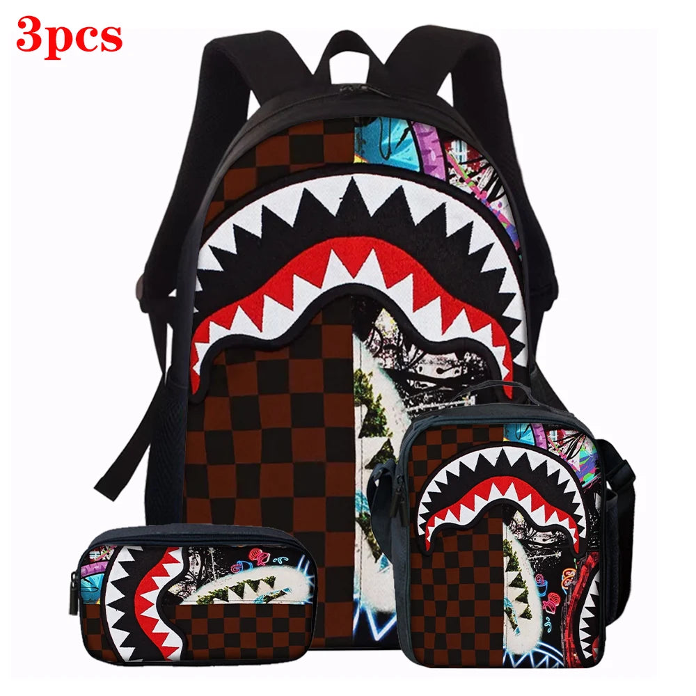 1/2/3/4/5PCS Trendy Shark Graphic Backpack Set | Perfect for School & Daily Adventures