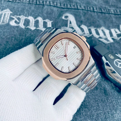 Customized Logo/Name Premium Luxury Men Automatic Mechanical Watches Special Bezel Shape Luminous Dial Stainless Steel Strap