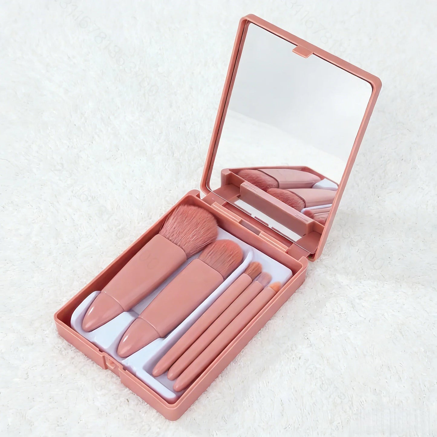 Portable Pink Makeup Brush Kit 5PCS Compact With Mirror Soft Bristles Blush Eyeshadow Foundation Beauty Tools
