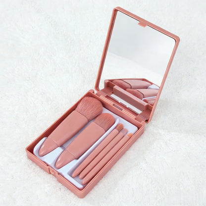 Portable Pink Makeup Brush Kit 5PCS Compact With Mirror Soft Bristles Blush Eyeshadow Foundation Beauty Tools