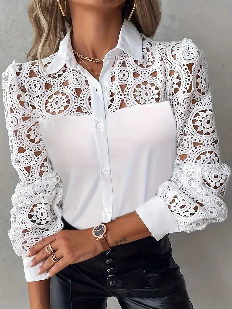 Elegant White Lace Hollow Panel Long Sleeve Blouse for Women, Office Lady Solid Top