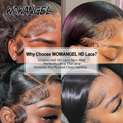 Wow Angel Body Wave Jet Black 250% 13x6 HD Lace Full Frontal Human Hair Wigs SkinLike HD Lace Front Wigs Pre Plucked for Women