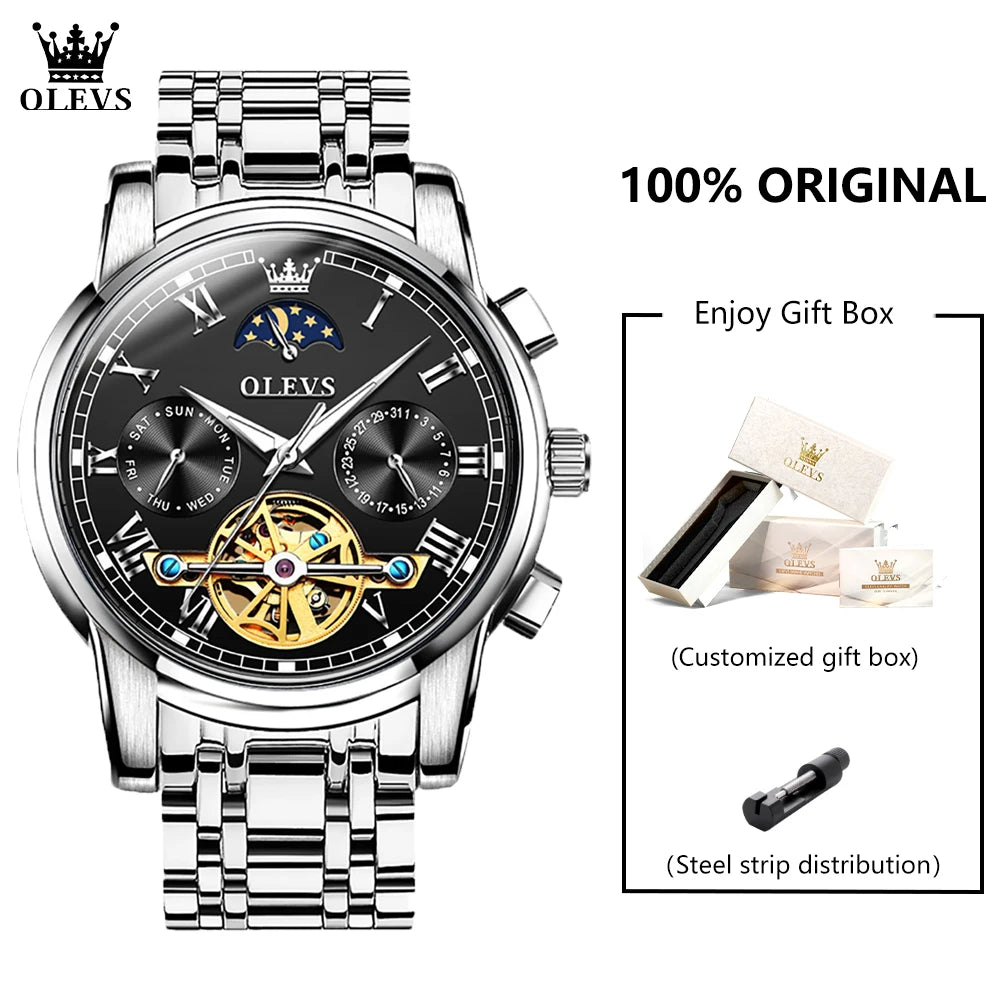 OLEVS 6617 Men's Classic Mechanical Watch Waterproof Business Stainless Steel Strap Watch  Sun And Moon 30M Waterproof Watch