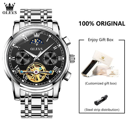 OLEVS 6617 Men's Classic Mechanical Watch Waterproof Business Stainless Steel Strap Watch  Sun And Moon 30M Waterproof Watch